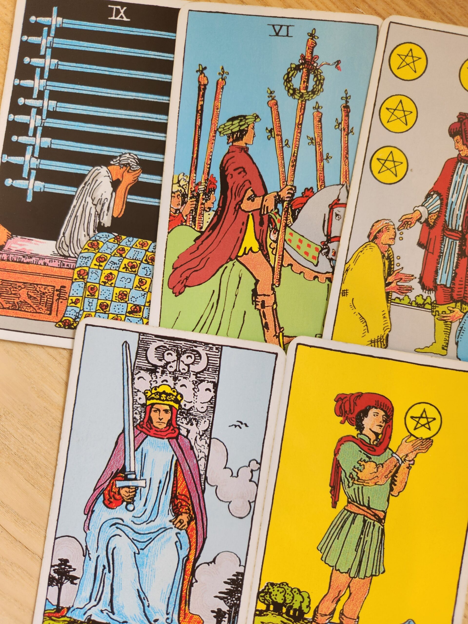 Cards Drawn Past — 9 of Swords Present — 6 of Wands Future — 6 of Pentacles Soul Expression — King of Swords Context — Page of Pentacles