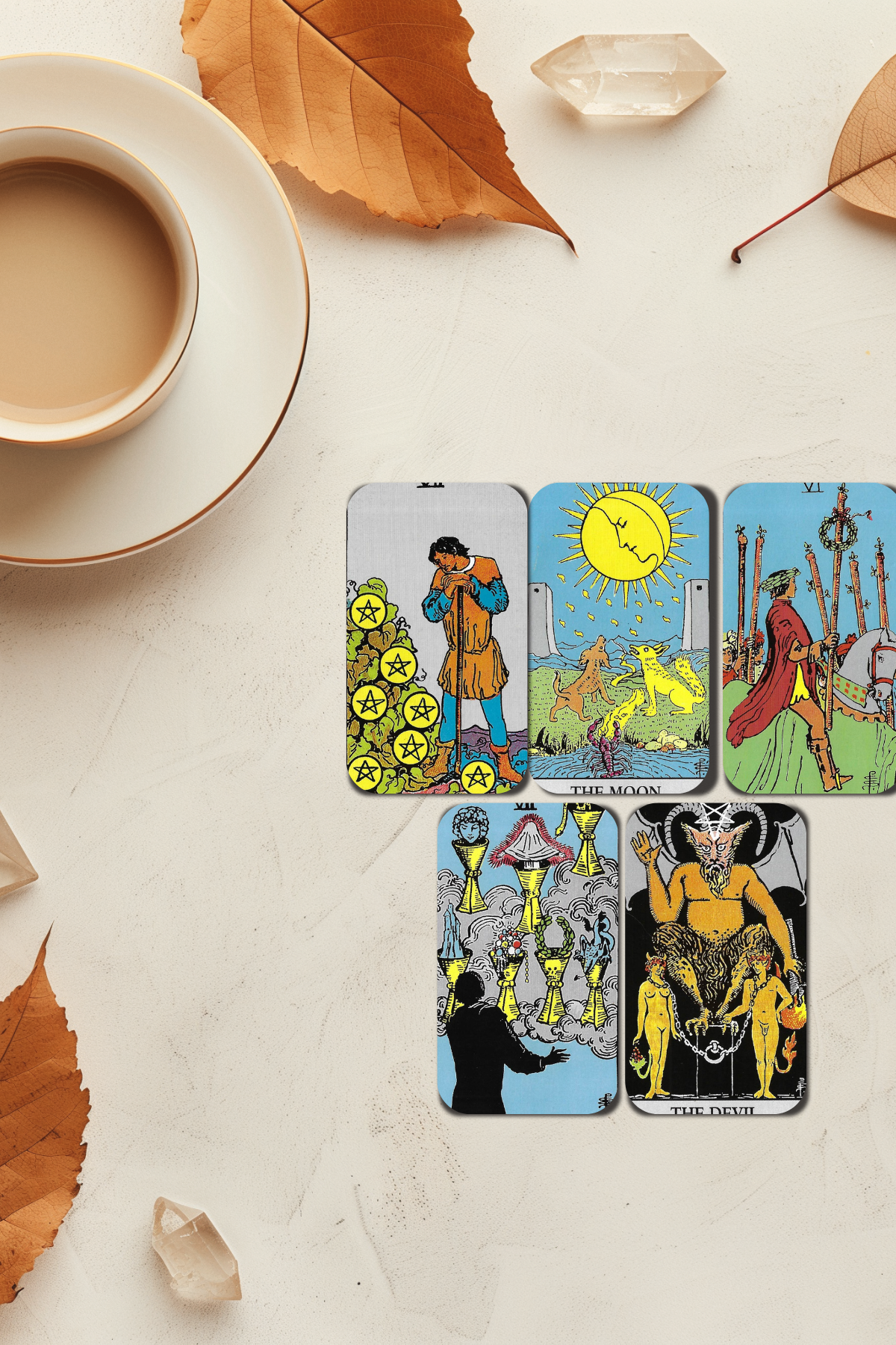 End of week tarot spread for 20 March 2026 showing 7 of Pentacles, The Moon, 6 of Wands, 7 of Cups and The Devil on a styled flat lay with warm autumn tones