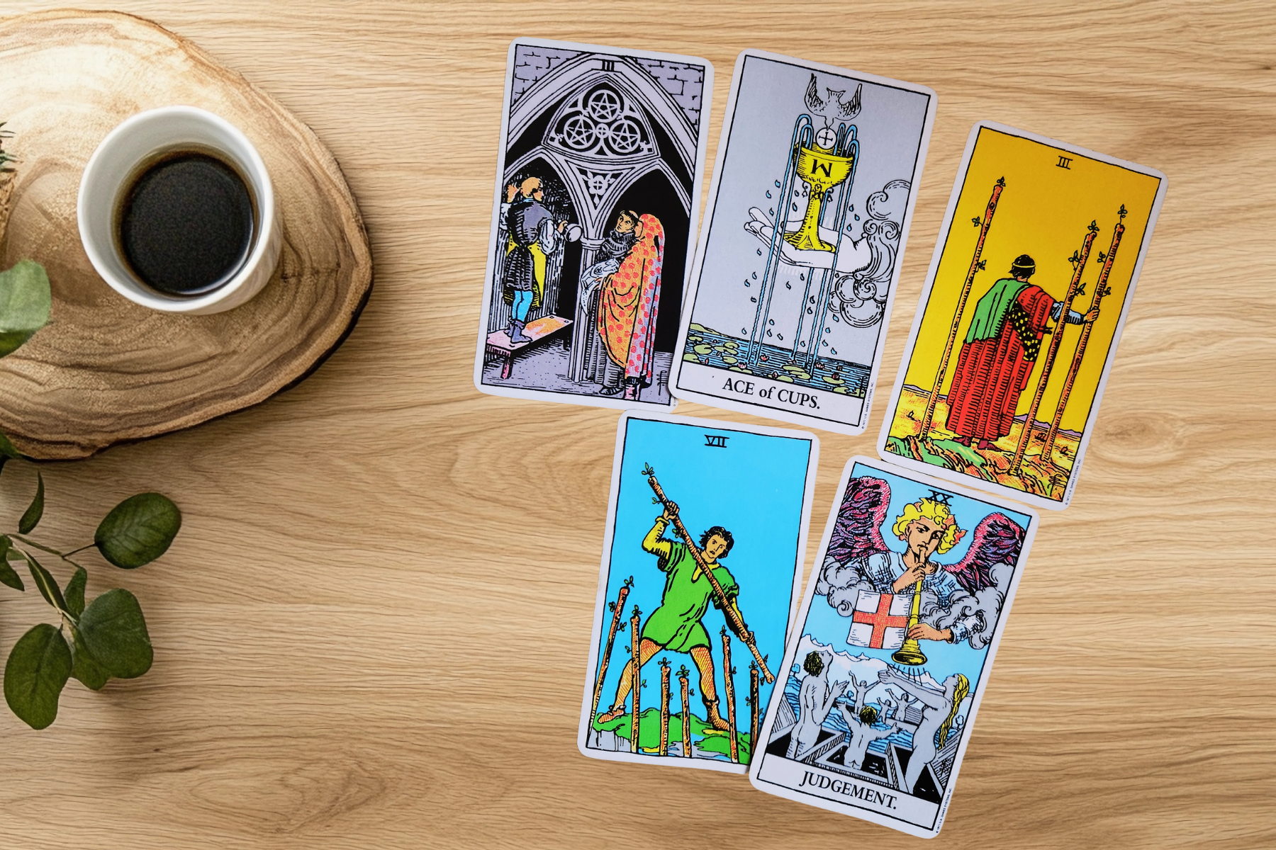 Mid-week tarot spread with coffee featuring Three of Pentacles, Ace of Cups, Three of Wands, Seven of Wands and Judgement