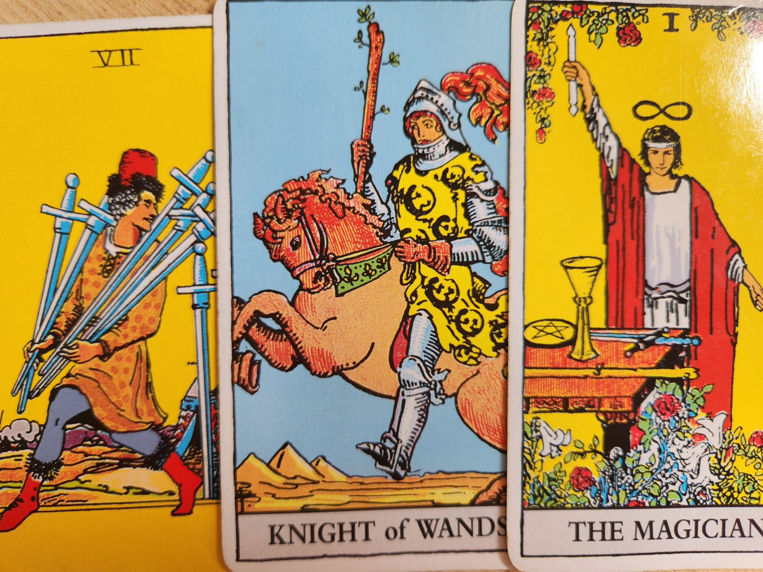 Tarot spread for Weekly Pulse forecast 9 March 2026 featuring Seven of Swords, Four of Swords, Knight of Wands, The Empress, The Magician, Queen of Cups, Ace of Wands and Six of Swords.