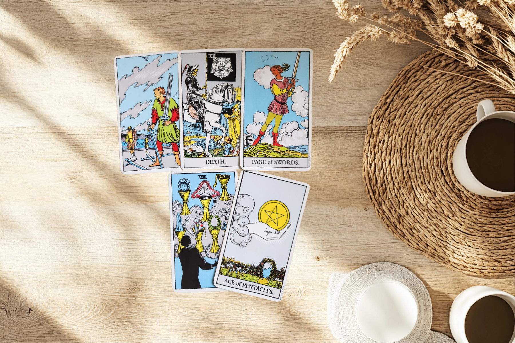 Tarot spread for Weekly Pulse 30 March 2026 featuring 5 of Swords, Death, Page of Swords, 7 of Cups, and Ace of Pentacles