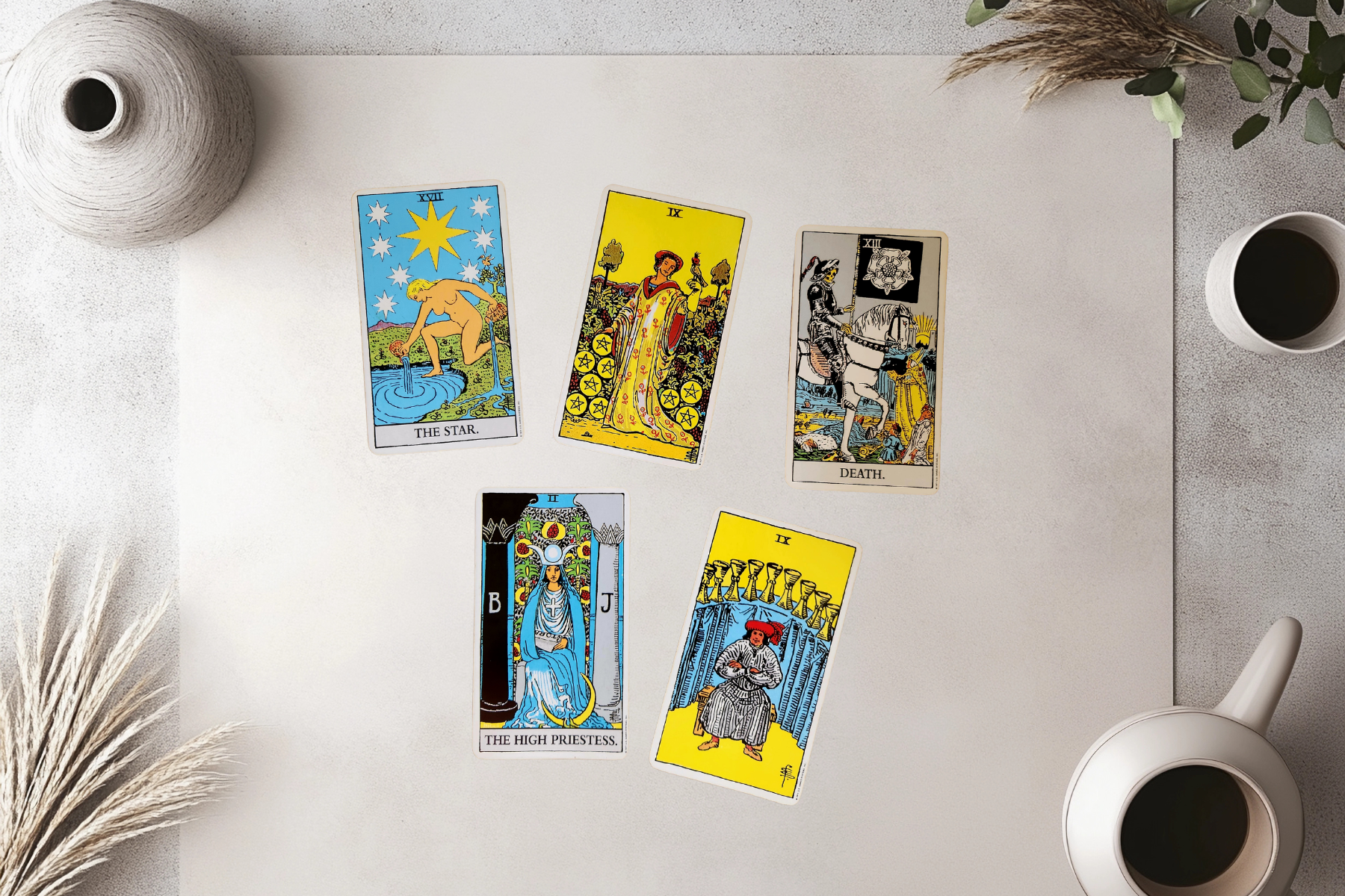 Tarot spread for the Final Pulse forecast on 22 May 2026 featuring The Star, 9 of Pentacles, Death, The High Priestess, and 9 of Cups.