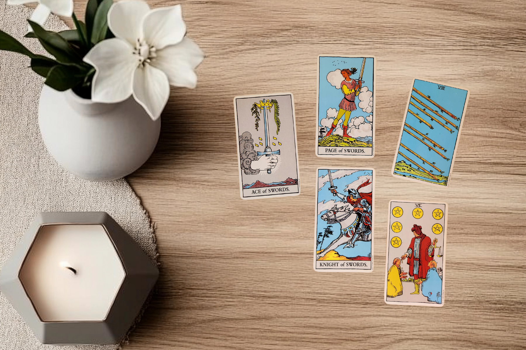 Tarot cards for the Weekly Pulse forecast for 25 May 2026 featuring the Ace of Swords, Page of Swords, Eight of Wands, Knight of Swords, and Five of Pentacles.