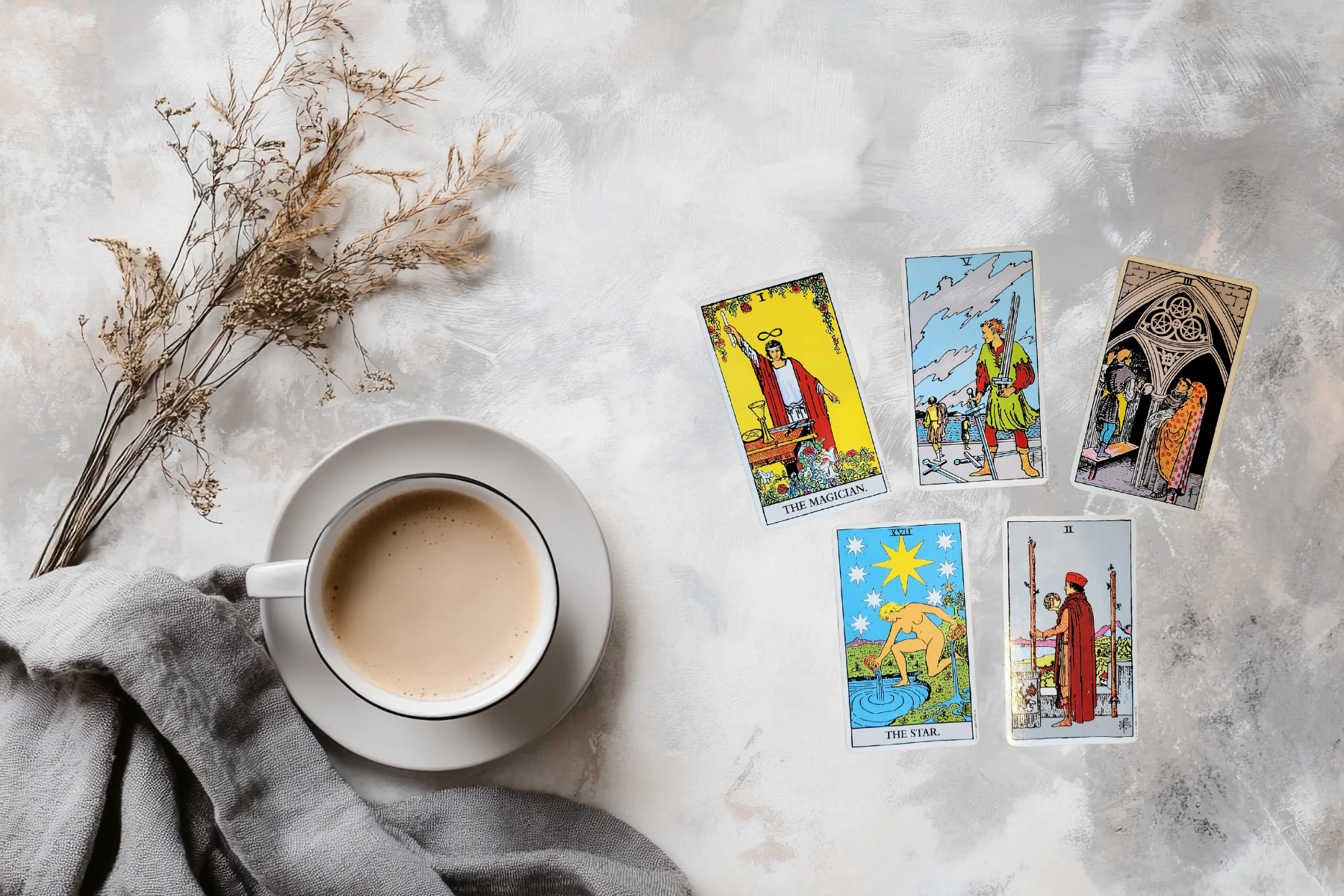Tarot cards The Magician, Five of Swords, Three of Pentacles, The Star, and Two of Wands displayed for an end-of-week forecast focused on growth, application of wisdom, communication, and recognising old patterns.