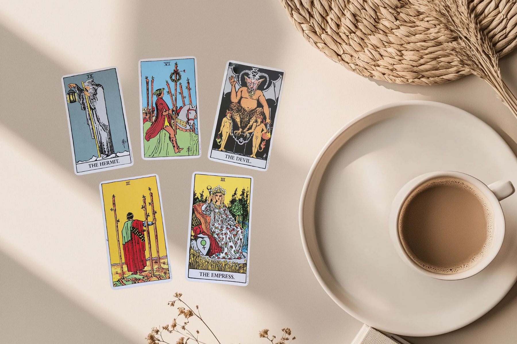 Tarot cards The Hermit, Six of Wands, The Devil, Three of Wands and The Empress, representing abundance, growth, recognition, and the choice between expansion and overdoing it.