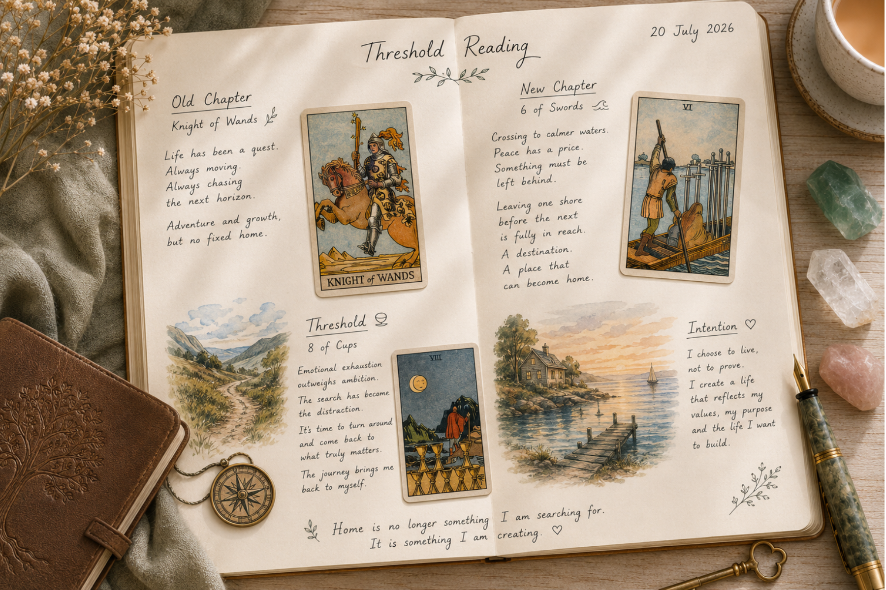Old Chapter. New Chapter. (Pentacles) Part 4 of 4 featuring the Knight of Wands, Eight of Cups and Six of Swords arranged in a Soul Mechanics journal with handwritten reflections about wandering, returning and creating a life that feels like home.