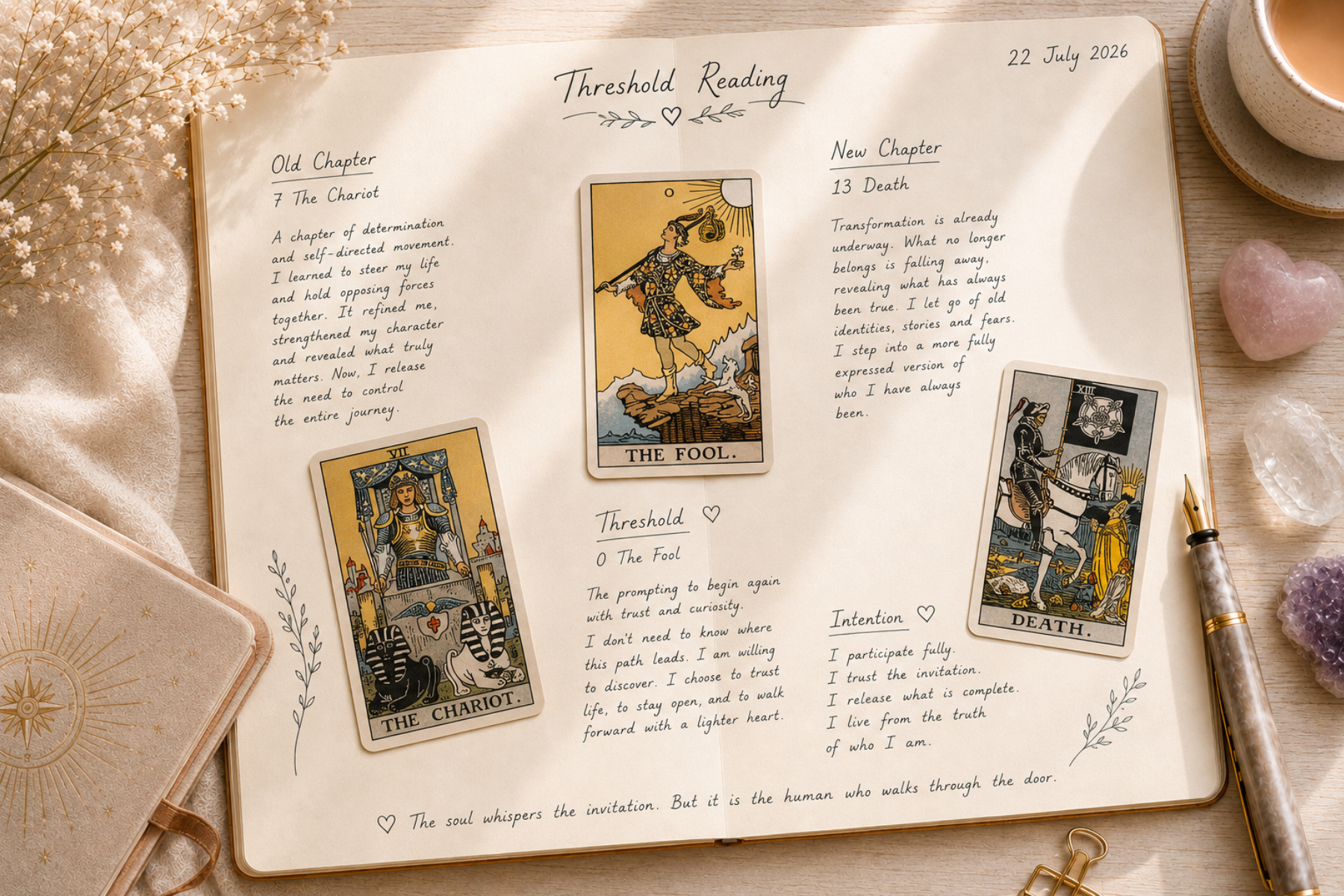 Open journal featuring the Old Chapter. New Chapter. Soul Expression tarot spread with The Chariot, The Fool and Death cards in warm morning sunlight.