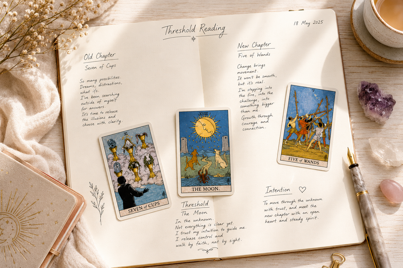 Old Chapter. New Chapter. Swords, Part One of a four part tarot series exploring the Seven of Cups, The Moon, and Five of Wands.