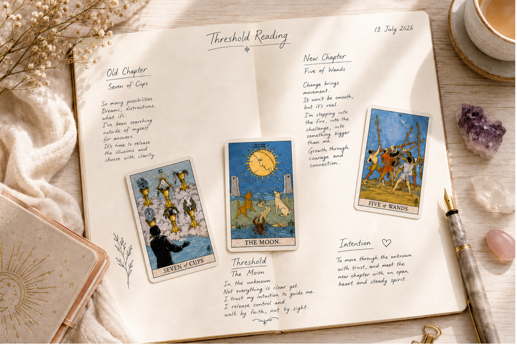 Old Chapter. New Chapter. Swords, Part One of a four part tarot series exploring the Seven of Cups, The Moon, and Five of Wands.