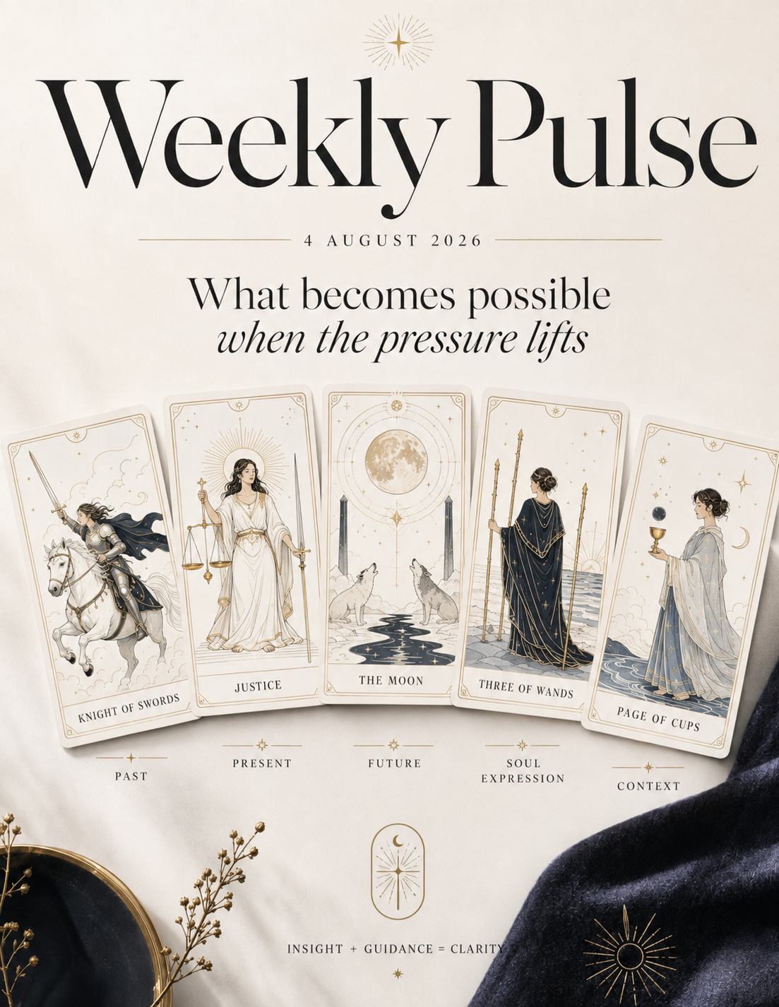 Weekly Pulse tarot forecast for 4 August 2026 featuring the Knight of Swords, Justice, The Moon, Three of Wands and Page of Cups.
