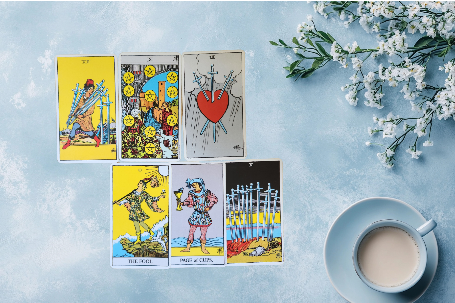 Weekly Pulse tarot forecast featuring the Seven of Swords, Ten of Pentacles, Three of Swords, The Fool and Page of Cups.