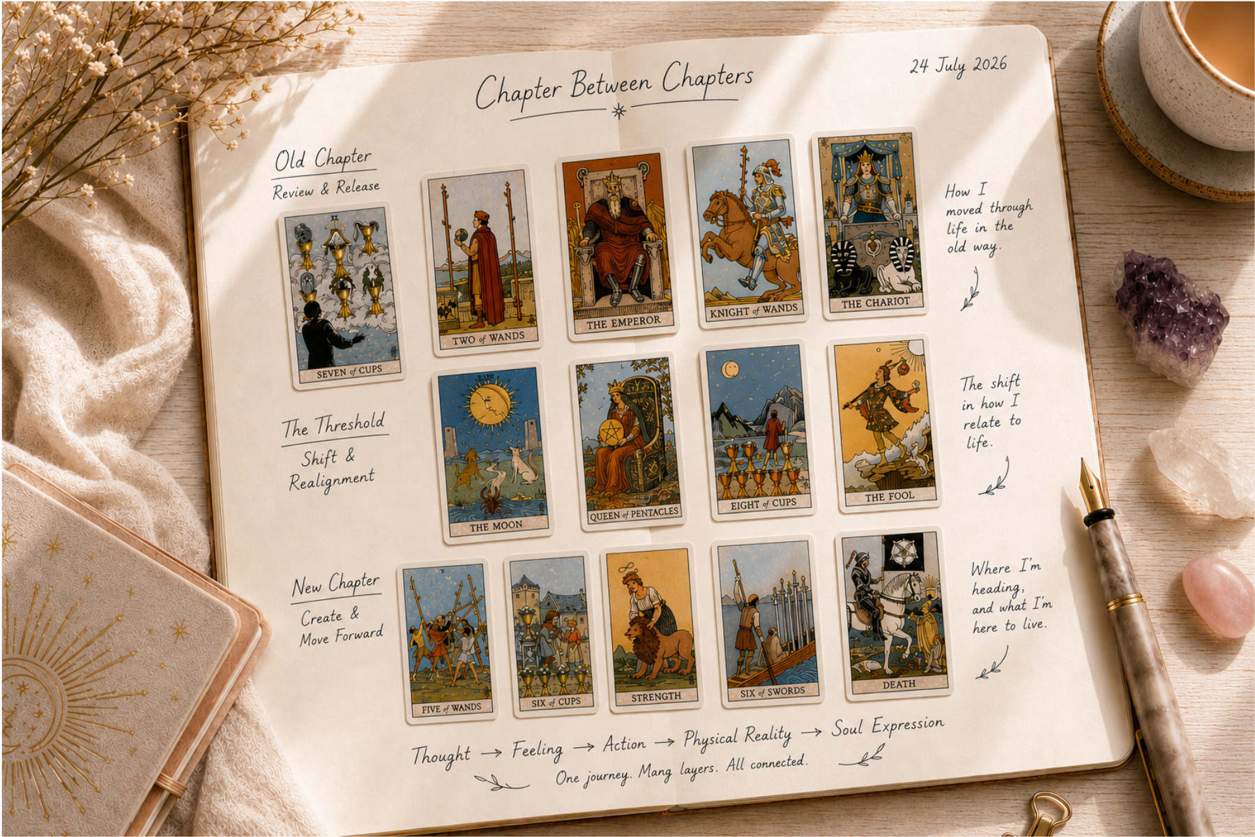 Open journal showing the fifteen Tarot cards from the Old Chapter, Threshold and New Chapter readings, bringing together Thought, Feeling, Action, Physical Reality and Soul Expression.