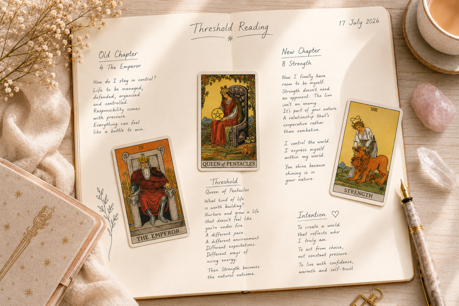 Part 3 of 6, Old Chapter. New Chapter (Wands). The Emperor, Queen of Pentacles and Strength explore the journey from external power to personal power.
