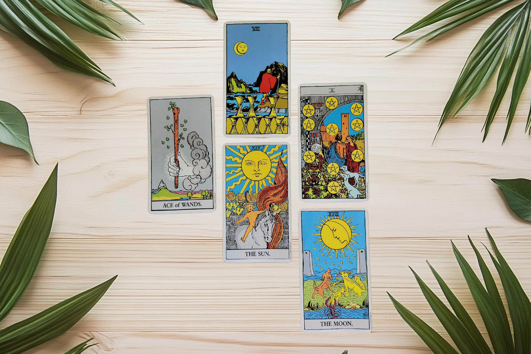 Five-card tarot spread featuring the Ace of Wands, Eight of Cups, Ten of Pentacles, The Sun and The Moon for the 16 September 2026 mid-week forecast.
