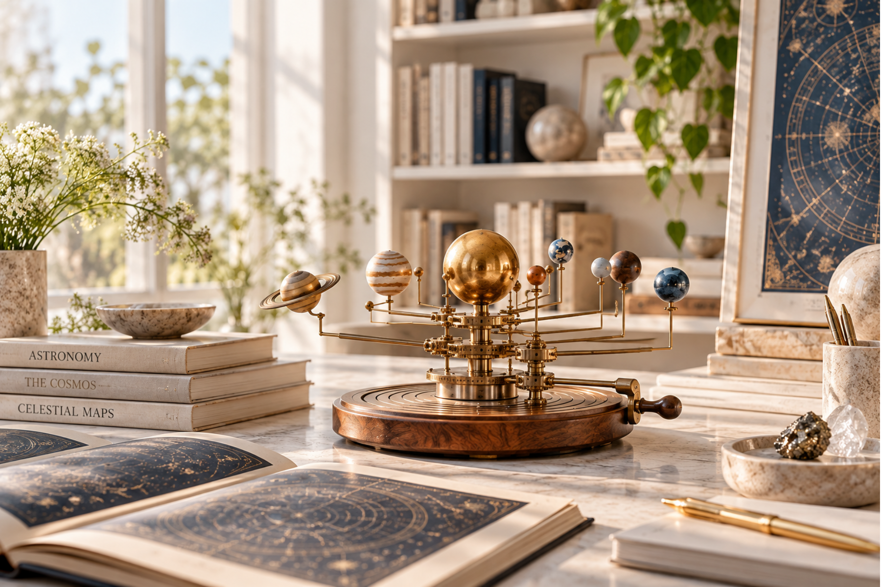 Antique brass orrery on a desk illustrating Saturn and the movement of the planets.
