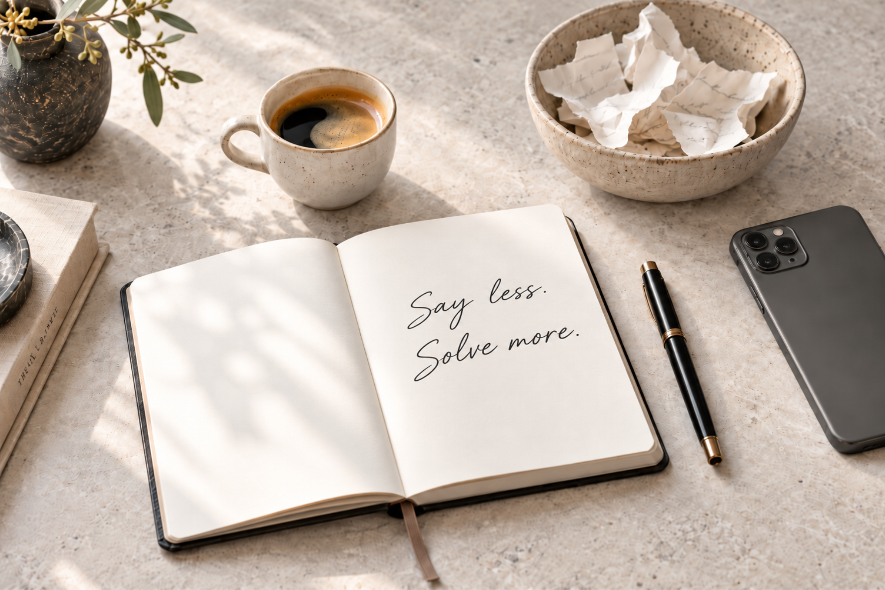 Editorial flatlay with an open notebook reading “Say less. Solve more.” beside coffee, a face-down phone and a bowl of torn paper.