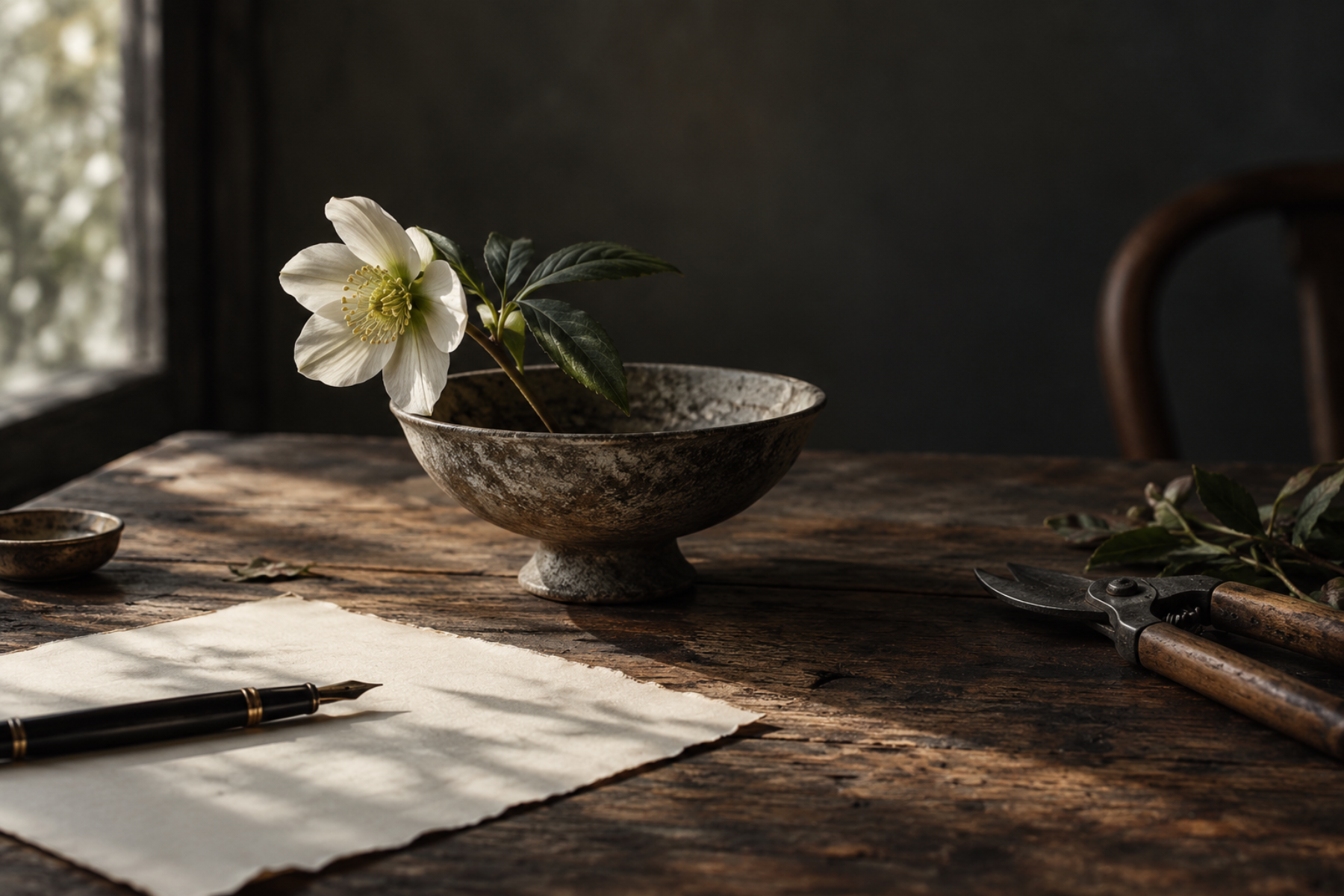 Editorial still life with a single white flower, cream paper, fountain pen and old secateurs on a dark timber table, representing restraint, selectivity and the idea that less can become more.
