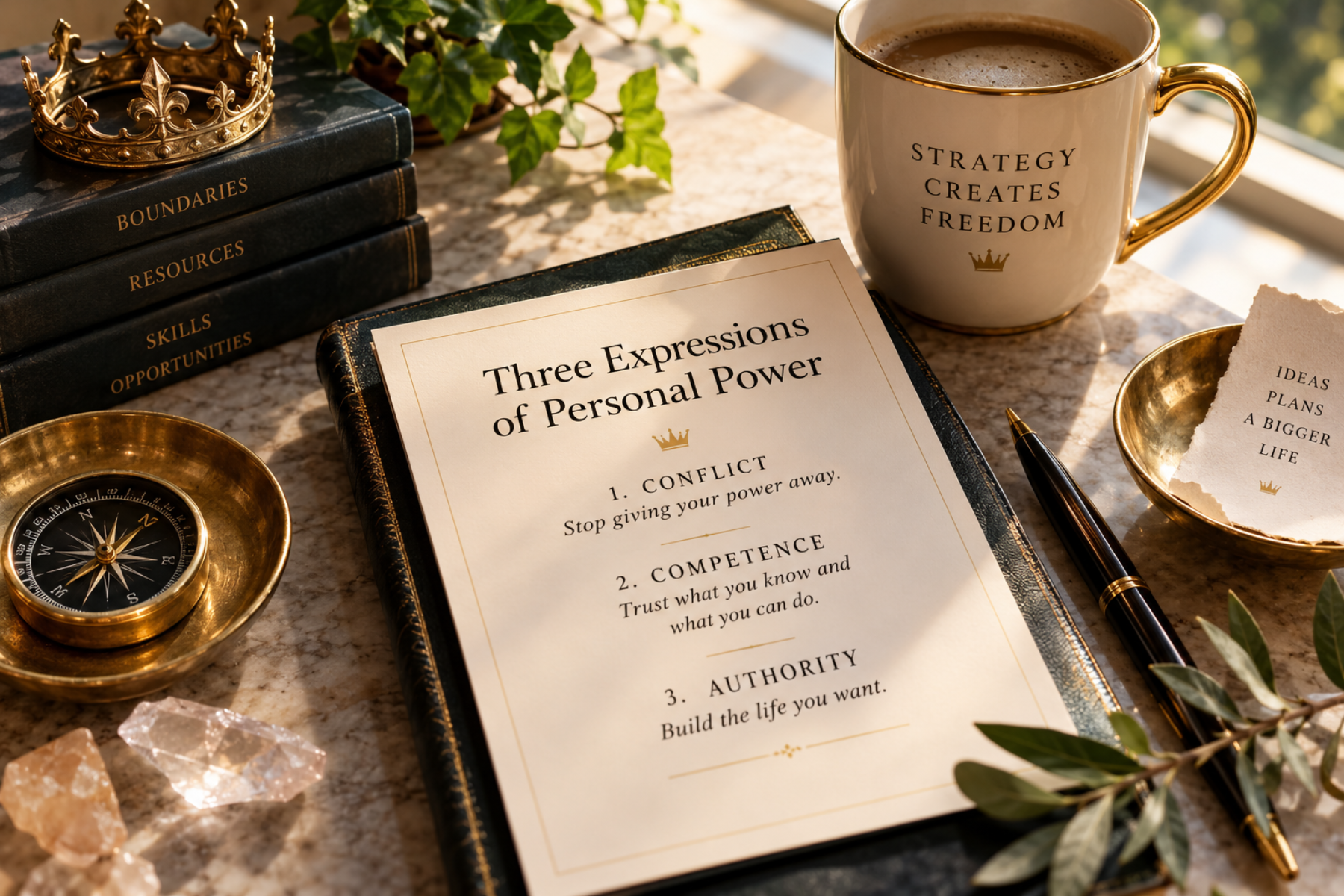Editorial flatlay featuring Three Expressions of Personal Power, a gold crown, compass, books, crystal, fountain pen and coffee cup