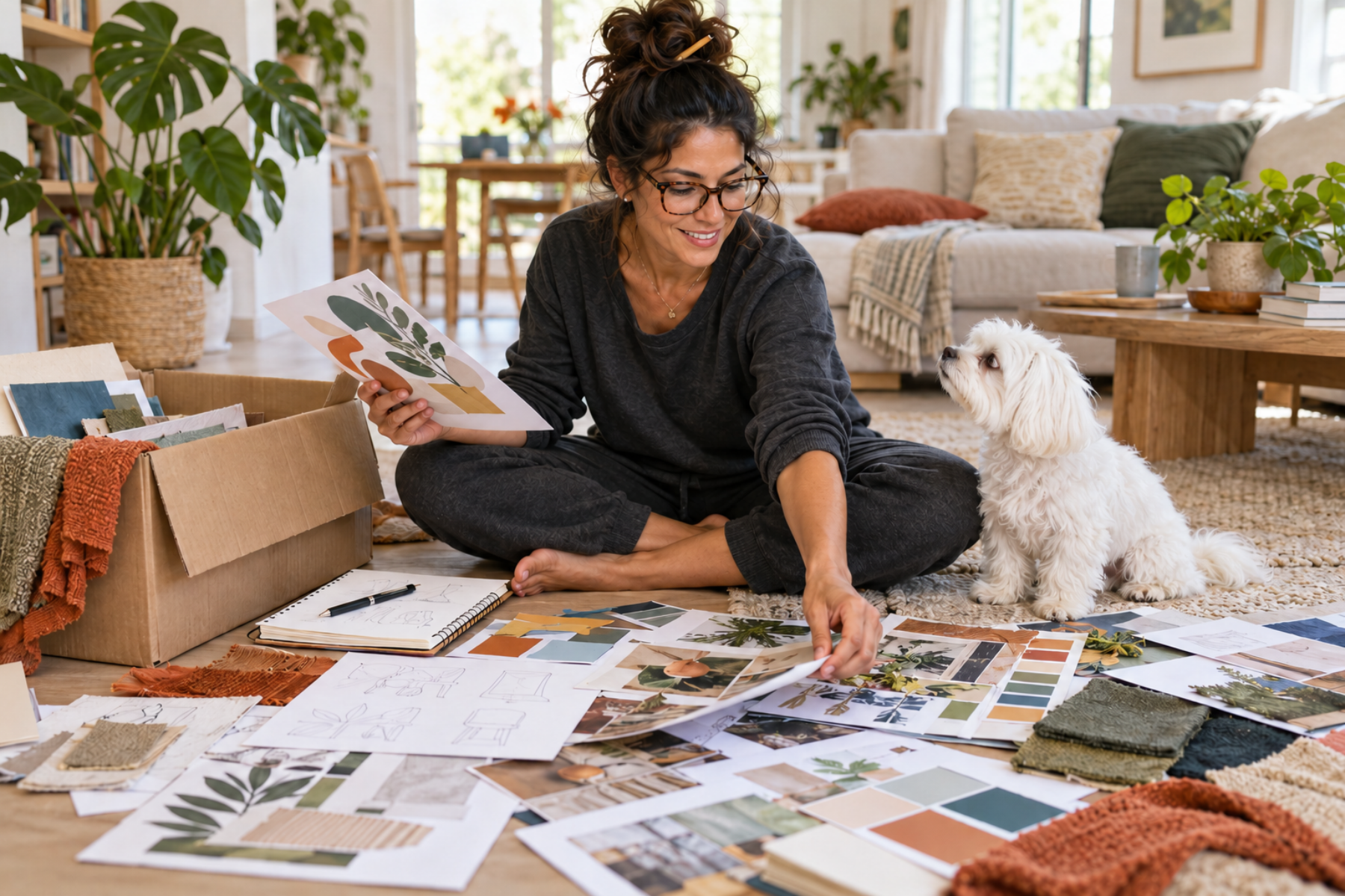 Woman sitting on the floor sorting sketches, photographs and colour samples, with a small white dog watching her.