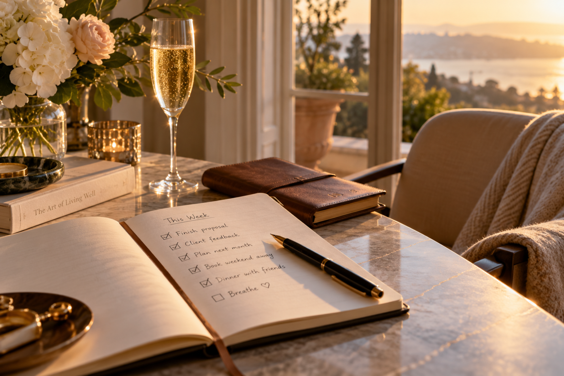 An open planner with completed tasks, a fountain pen and a glass of champagne on an elegant desk overlooking a sunlit landscape.