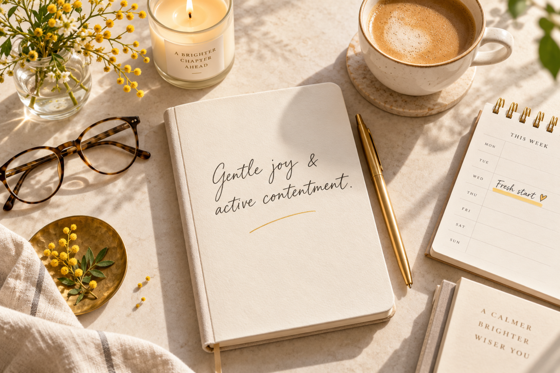 Warm, sunlit flat lay on a cream tabletop featuring a white journal with the handwritten words “Gentle joy & active contentment,” surrounded by a gold pen, tortoiseshell glasses, a lit candle, a coffee cup, yellow flowers, a small brass dish, a weekly planner with “Fresh start” written on Wednesday, and stacked books. The overall mood is calm, bright and reflective, with soft golden tones and a peaceful morning aesthetic.